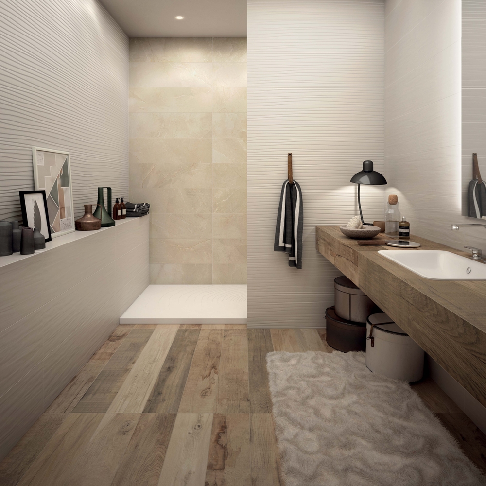 Beige,Bathroom,Interior,With,White,Walls,,Wooden,Floor,,Ceramic,Basin